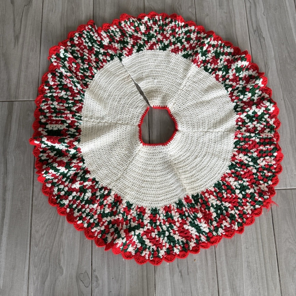 Handmade Crochet Christmas Tree Skirt Vintage Red White Green Scalloped